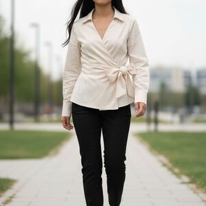 Worthington Cream Wrap Blouse With Bow Accent